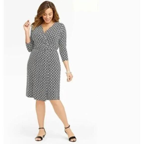 Talbots Chevron Faux Wrap Dress XLP Navy Stretch Jersey Comfort Casual Nautical - Picture 1 of 14